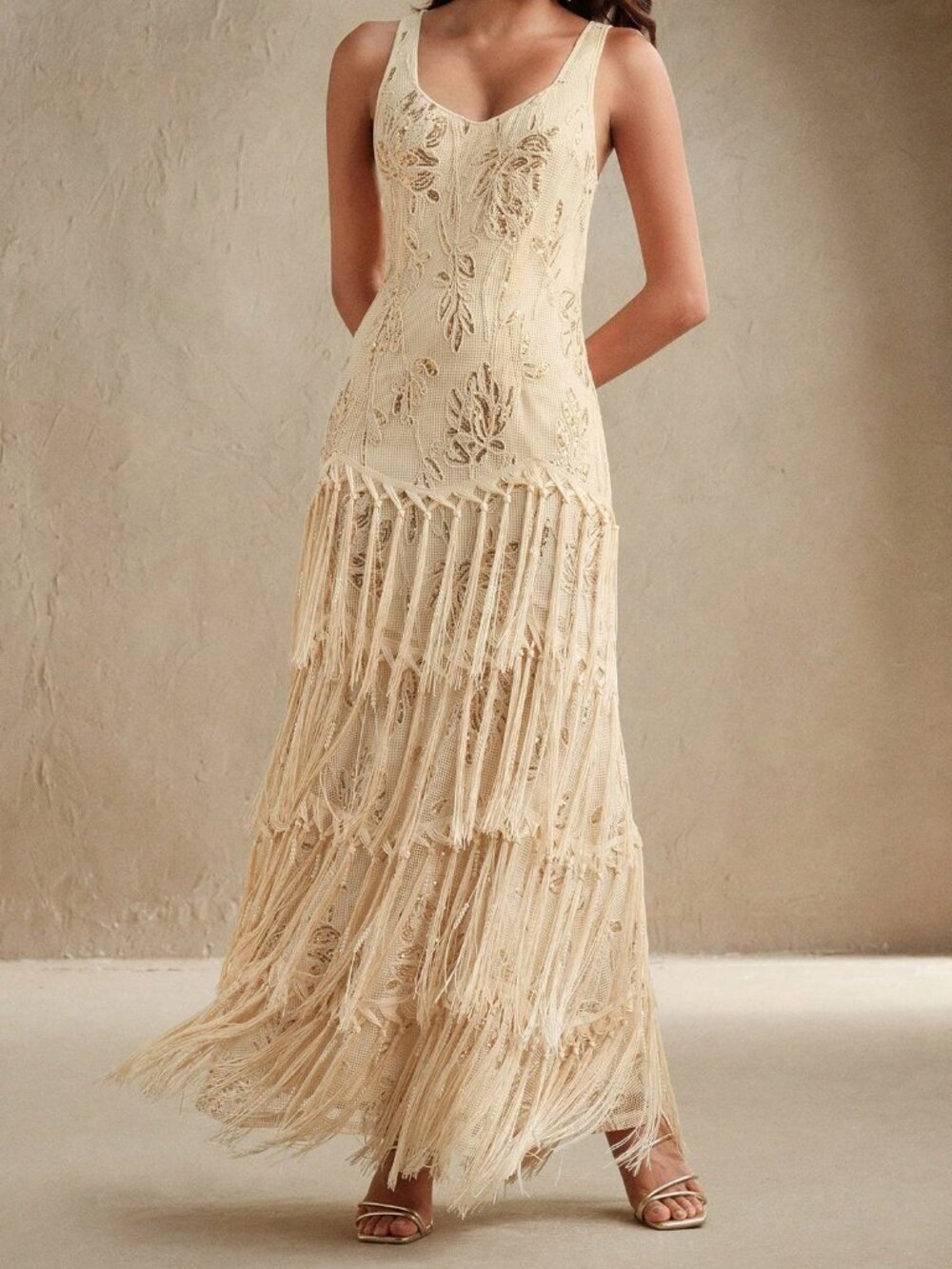 Apricot Elegant Women's Embroidered Tassel Textured Sequin Detail Maxi Dress - Picture 4 of 5